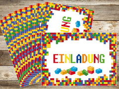 12 x  BUNTE BAUSTEINE Geburtstagseinladungen